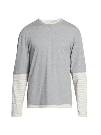 Officine Générale Men's Bosco Layered Striped Cotton Shirt - Light Heather Grey White | Thumbnail 1 Officine Générale Men's Bosco Layered Striped Cotton Shirt - Light Heather Grey White | Thumbnail 1