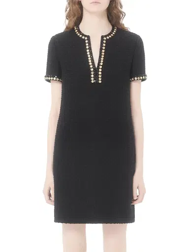 Valentino Garavani Women's Embroidered Canestrello Tweed Short Dress - Black Silver - Size 0 | Thumbnail 2