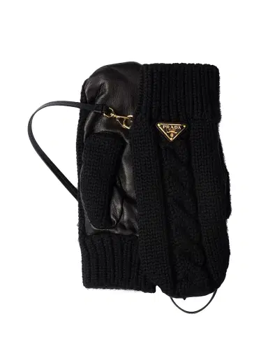 Prada Women's Wool and Nappa Leather Mittens - Black - Size 8 | Thumbnail 1 Prada Women's Wool and Nappa Leather Mittens - Black - Size 8 | Thumbnail 1