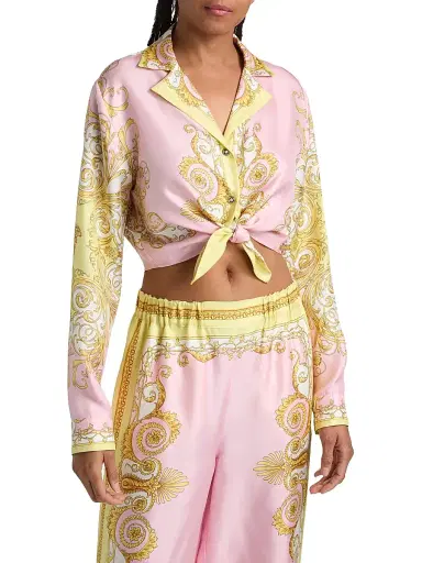 Versace Women's Barocco Foulard Silk Twill Shirt - Pale Yellow Rose Quartz | Thumbnail 3