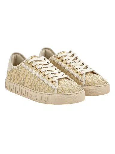 Versace Women's Monogram-Jacquard Low-Top Sneakers - Almond Milk Off White Gold | Thumbnail 2