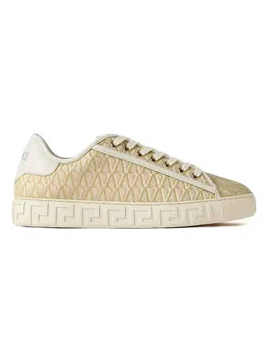 Versace Women's Monogram-Jacquard Low-Top Sneakers - Almond Milk Off White Gold | Thumbnail 1
