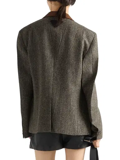 Prada Women's Single-Breasted Shetland Wool Chevron Jacket - Brown | Thumbnail 4 Prada Women's Single-Breasted Shetland Wool Chevron Jacket - Brown | Thumbnail 4