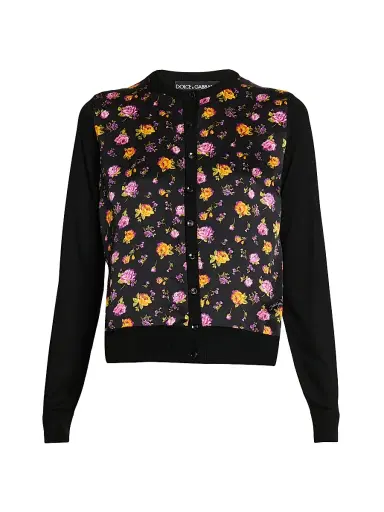 Dolce & Gabbana Women's Mixed-Media Silk Cardigan - Rose Mazzolini F Ner - Size 12 | Thumbnail 1
