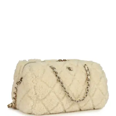 Chanel Chanel Mini Timeless Classic Barrel Bag with Chain Beige Shearling Light Gold Hardware | Thumbnail 2