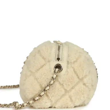 Chanel Chanel Mini Timeless Classic Barrel Bag with Chain Beige Shearling Light Gold Hardware | Thumbnail 3