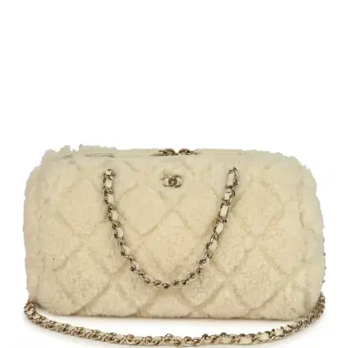 Chanel Chanel Mini Timeless Classic Barrel Bag with Chain Beige Shearling Light Gold Hardware | Thumbnail 1