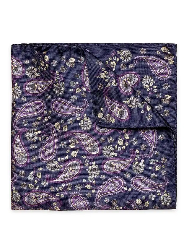 Men's Paisley Silk Pocket Square - Blue
