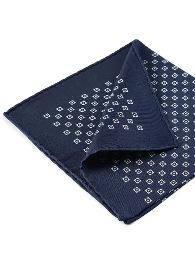 Brunello Cucinelli Men's Silk Pocket Square with Square Pattern - Navy Blue | Thumbnail 3 Brunello Cucinelli Men's Silk Pocket Square with Square Pattern - Navy Blue | Thumbnail 3