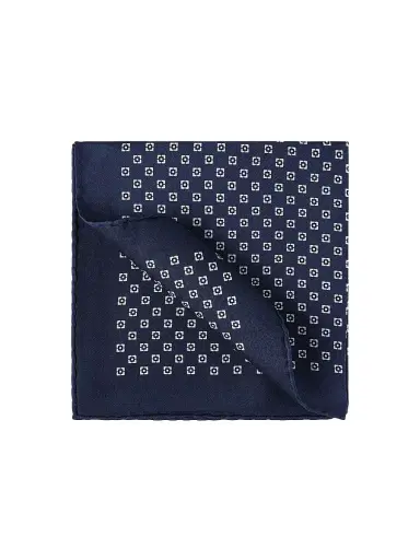 Brunello Cucinelli Men's Silk Pocket Square with Square Pattern - Navy Blue | Thumbnail 1 Brunello Cucinelli Men's Silk Pocket Square with Square Pattern - Navy Blue | Thumbnail 1