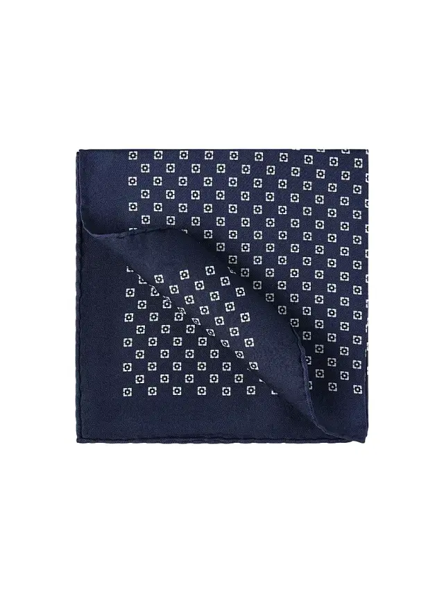 Brunello Cucinelli Men's Silk Pocket Square with Square Pattern - Navy Blue