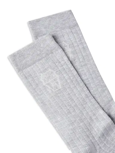 Brunello Cucinelli Men's Cotton Chalk Stripe Effect Socks With Logo - Fog - Size Small | Thumbnail 2