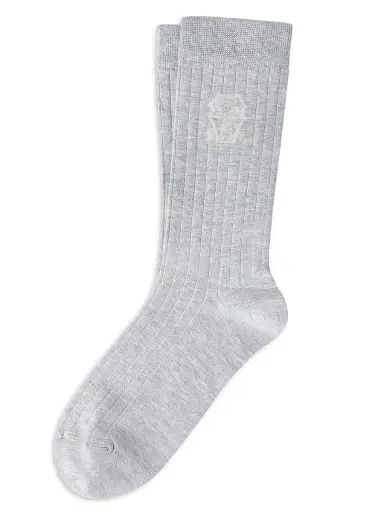 Brunello Cucinelli Men's Cotton Chalk Stripe Effect Socks With Logo - Fog - Size Small | Thumbnail 1