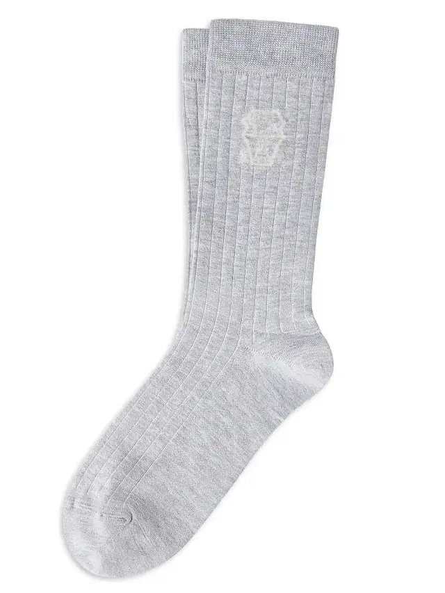 Men's Cotton Chalk Stripe Effect Socks With Logo - Fog