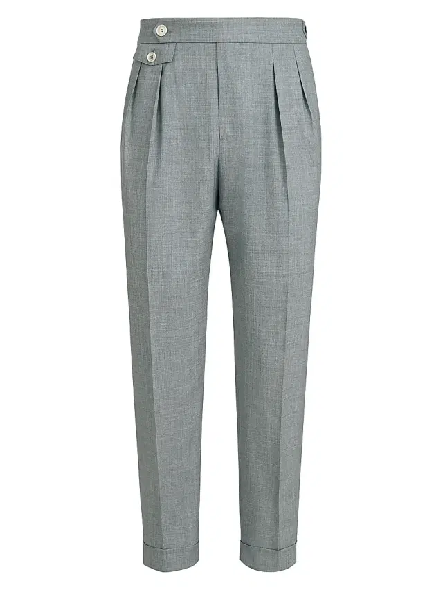 Brunello Cucinelli Men's Virgin Wool Fresco Trousers with Double Pleats and Waist Tabs - Grey