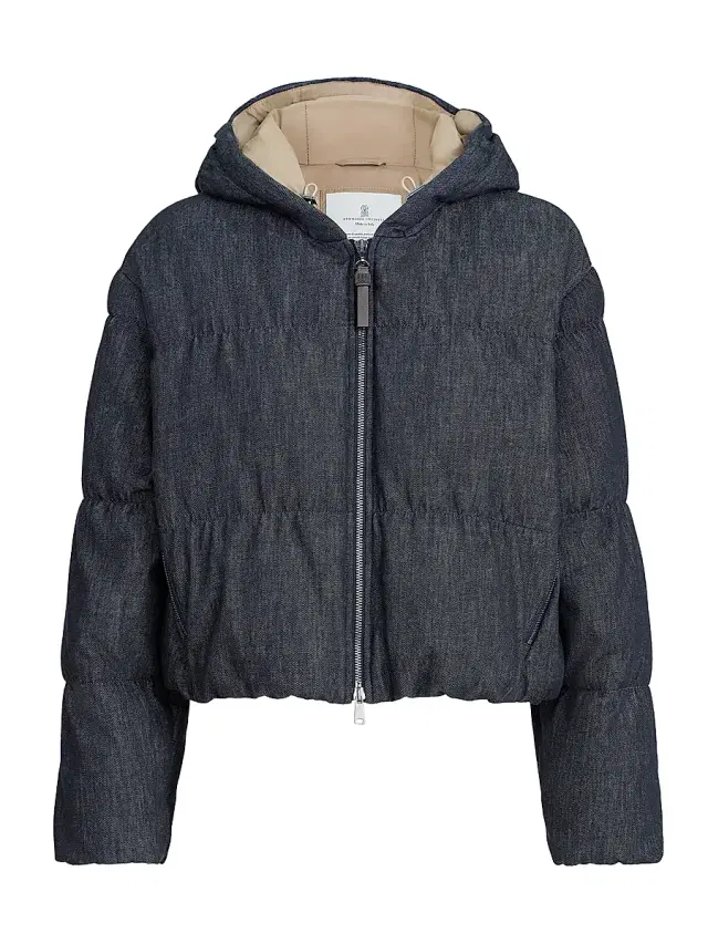 Women's Cotton Denim Effect Twill Down Coat with Monili - Denim