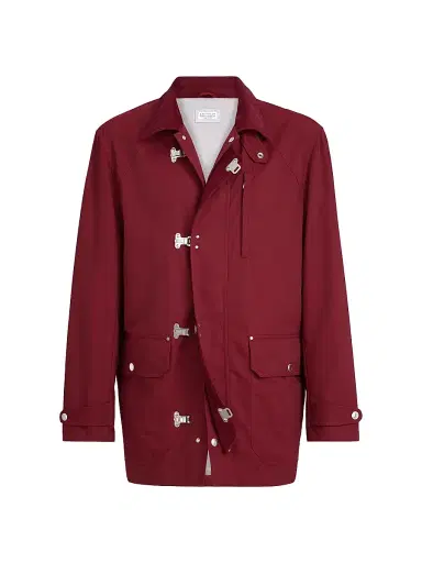 Brunello Cucinelli Men's Water Resistant Techno Cotton Gabardine Outerwear Jacket with Hook Fastening - Cherry - Size 38 | Thumbnail 1 Brunello Cucinelli Men's Water Resistant Techno Cotton Gabardine Outerwear Jacket with Hook Fastening - Cherry - Size 38 | Thumbnail 1