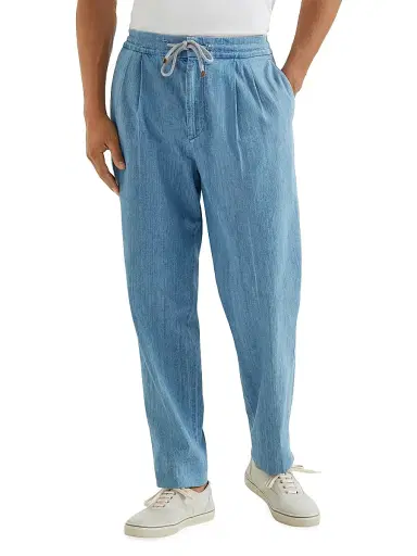 Brunello Cucinelli Men's Lightweight Denim Trousers with Drawstring and Double Pleats - Light Denim - Size 50 | Thumbnail 2