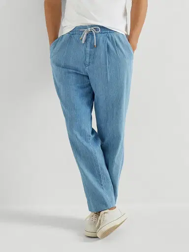 Brunello Cucinelli Men's Lightweight Denim Trousers with Drawstring and Double Pleats - Light Denim - Size 50 | Thumbnail 5