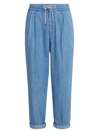 Brunello Cucinelli Men's Lightweight Denim Trousers with Drawstring and Double Pleats - Light Denim - Size 50 | Thumbnail 1