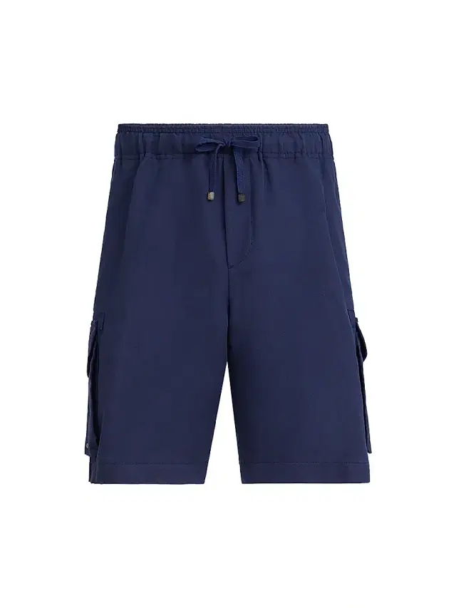 Men's Linen and Cotton Drill Bermuda Shorts with Drawstring and Cargo Pockets - Blue