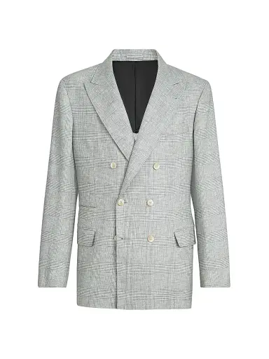 Brunello Cucinelli Men's Virgin Wool Prince of Wales One and a Half Breasted Deconstructed Blazer - Pearl Grey - Size 46 | Thumbnail 2