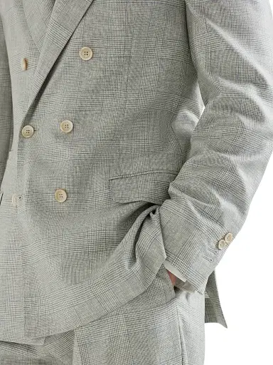 Brunello Cucinelli Men's Virgin Wool Prince of Wales One and a Half Breasted Deconstructed Blazer - Pearl Grey - Size 46 | Thumbnail 4