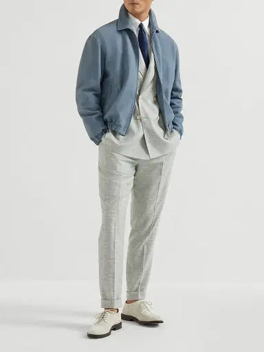 Brunello Cucinelli Men's Virgin Wool Prince of Wales One and a Half Breasted Deconstructed Blazer - Pearl Grey - Size 46 | Thumbnail 6