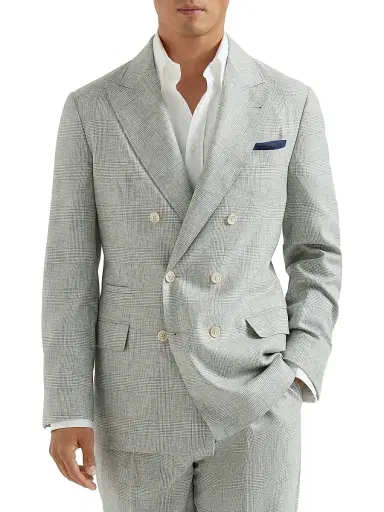 Brunello Cucinelli Men's Virgin Wool Prince of Wales One and a Half Breasted Deconstructed Blazer - Pearl Grey - Size 46 | Thumbnail 1