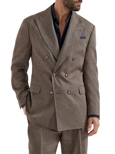 Brunello Cucinelli Men's Linen and Virgin Wool Chevron One and a Half Breasted Tailor Blazer - Hazelnut - Size 48 | Thumbnail 1 Brunello Cucinelli Men's Linen and Virgin Wool Chevron One and a Half Breasted Tailor Blazer - Hazelnut - Size 48 | Thumbnail 1