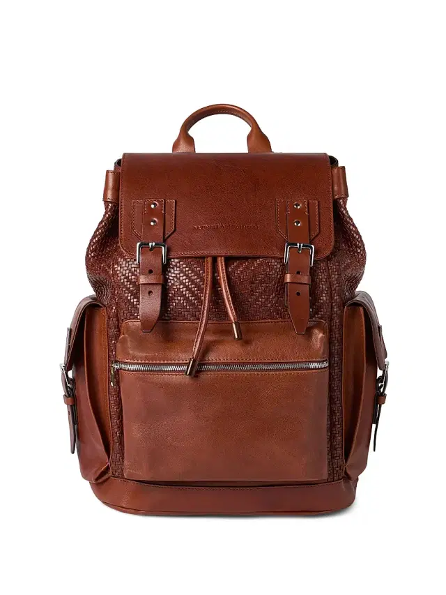 Men's Braided Calfskin and Cowhide City Backpack - Cognac Men's Braided Calfskin and Cowhide City Backpack - Cognac