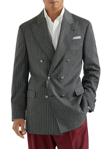 Brunello Cucinelli Men's Virgin Wool Fresco One and a Half Breasted Tailor Blazer with Metal Buttons - Dark Grey | Thumbnail 1 Brunello Cucinelli Men's Virgin Wool Fresco One and a Half Breasted Tailor Blazer with Metal Buttons - Dark Grey | Thumbnail 1