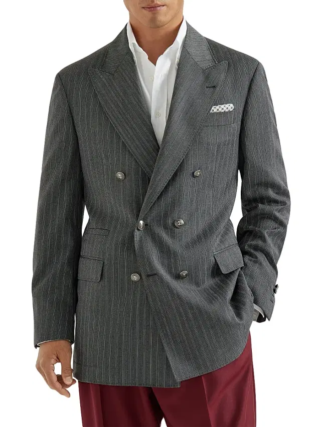Brunello Cucinelli Men's Virgin Wool Fresco One and a Half Breasted Tailor Blazer with Metal Buttons - Dark Grey