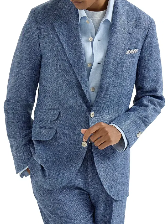 Brunello Cucinelli Men's Virgin Wool, Silk and Linen Hopsack Deconstructed Cavallo Blazer - Denim
