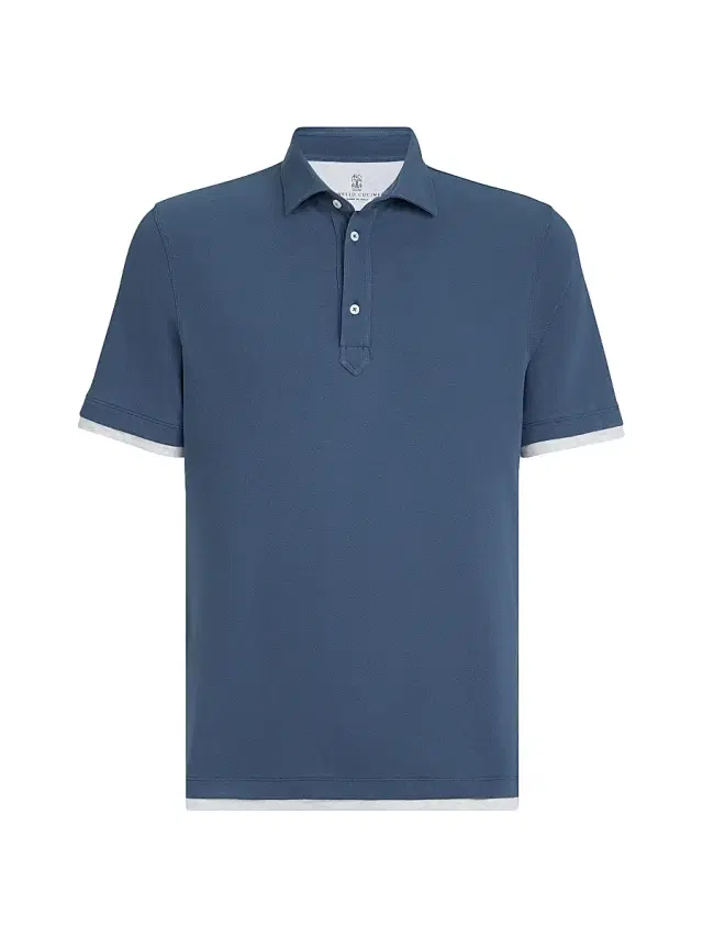 Men's Cotton Piqué Shirt Style Collar Polo with Faux Layering - Azure
