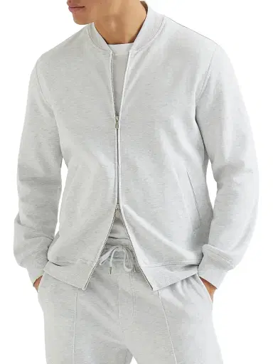 Brunello Cucinelli Men's Techno Cotton French Terry Sweatshirt with Zipper - Pearl Grey - Size XXXL | Thumbnail 2