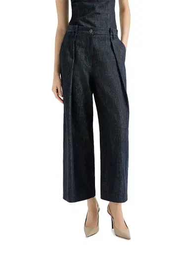 Brunello Cucinelli Women's Denim Effect Twill Pleated A-Line Trousers - Denim | Thumbnail 2