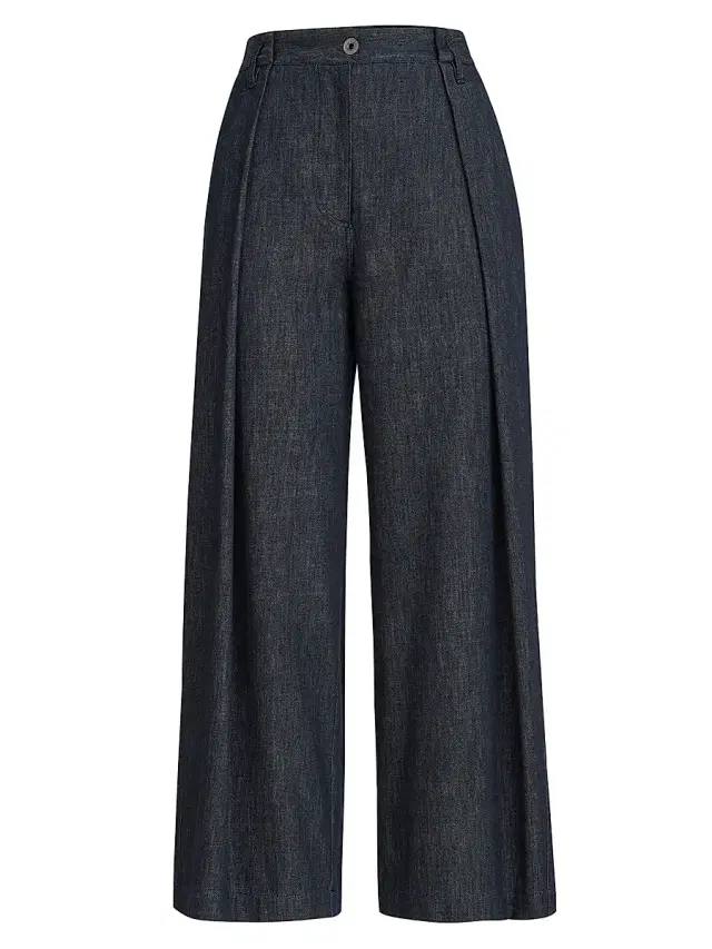 Women's Denim Effect Twill Pleated A-Line Trousers - Denim