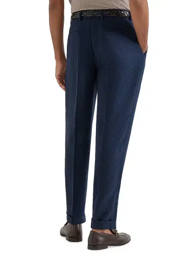 Brunello Cucinelli Men's Silk, Linen and Wool Hopsack Pleated Trousers - Navy Blue | Thumbnail 4 Brunello Cucinelli Men's Silk, Linen and Wool Hopsack Pleated Trousers - Navy Blue | Thumbnail 4