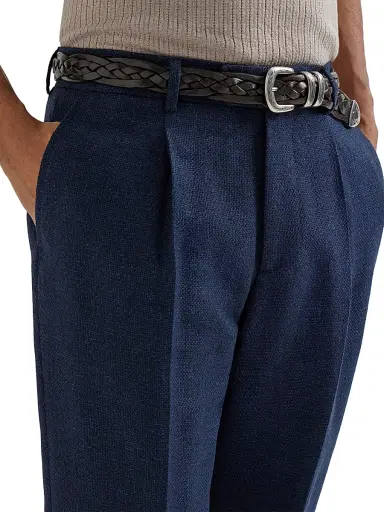 Brunello Cucinelli Men's Silk, Linen and Wool Hopsack Pleated Trousers - Navy Blue | Thumbnail 5 Brunello Cucinelli Men's Silk, Linen and Wool Hopsack Pleated Trousers - Navy Blue | Thumbnail 5