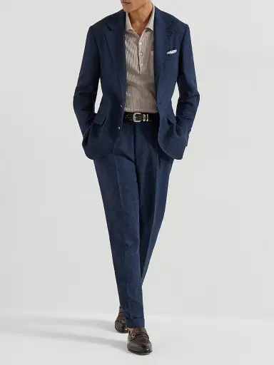 Brunello Cucinelli Men's Silk, Linen and Wool Hopsack Pleated Trousers - Navy Blue | Thumbnail 6 Brunello Cucinelli Men's Silk, Linen and Wool Hopsack Pleated Trousers - Navy Blue | Thumbnail 6