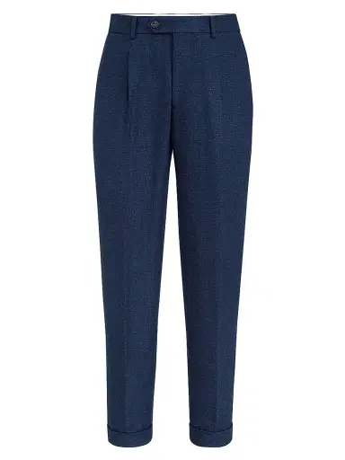 Brunello Cucinelli Men's Silk, Linen and Wool Hopsack Pleated Trousers - Navy Blue | Thumbnail 1 Brunello Cucinelli Men's Silk, Linen and Wool Hopsack Pleated Trousers - Navy Blue | Thumbnail 1
