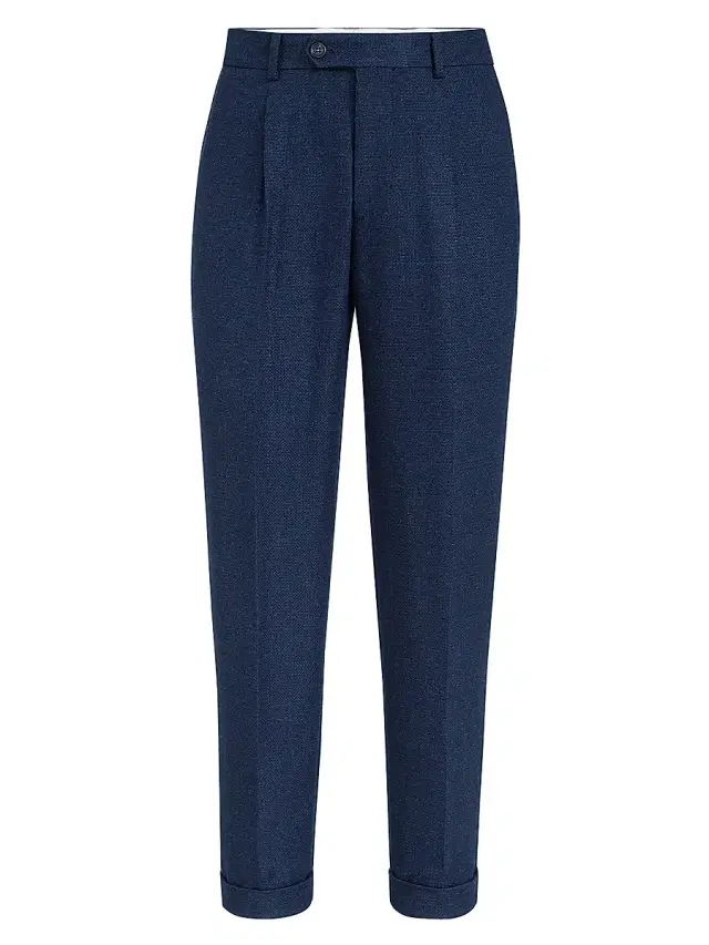 Men's Silk, Linen and Wool Hopsack Pleated Trousers - Navy Blue Men's Silk, Linen and Wool Hopsack Pleated Trousers - Navy Blue