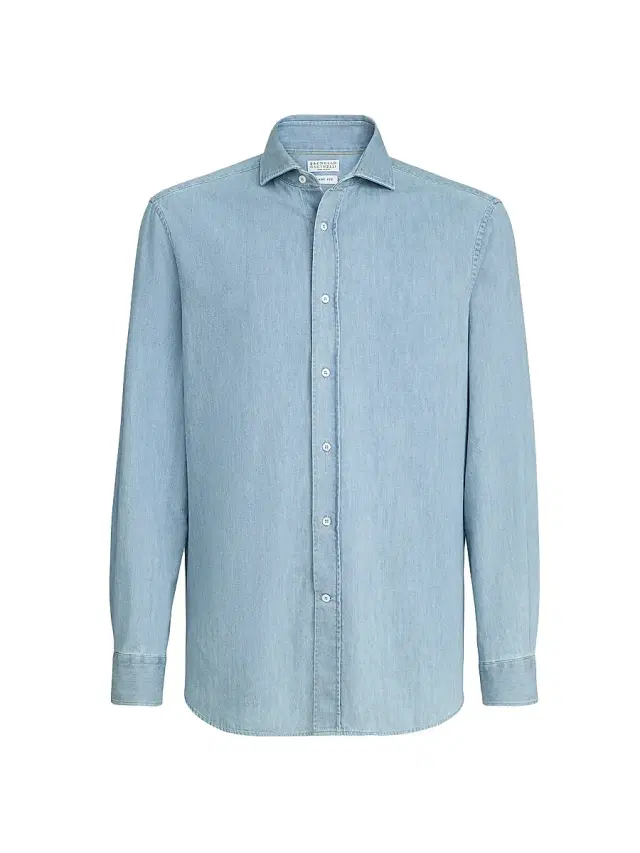 Men's Lightweight Denim Easy Fit Shirt with Spread Collar - Light Blue Denim
