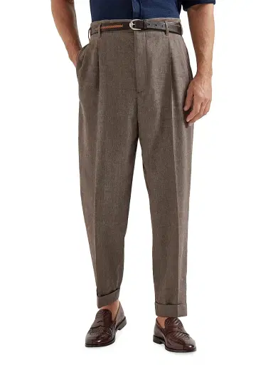 Brunello Cucinelli Men's Linen and Virgin Wool Chevron Trousers with Double Pleats | Thumbnail 2