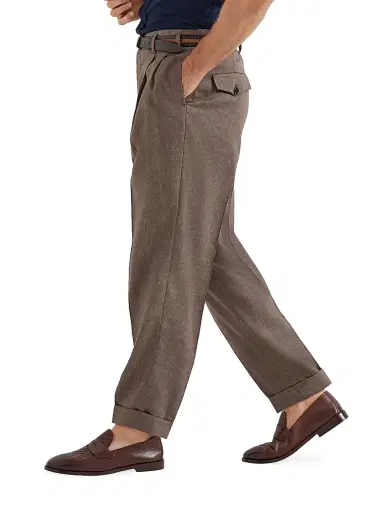 Brunello Cucinelli Men's Linen and Virgin Wool Chevron Trousers with Double Pleats | Thumbnail 3