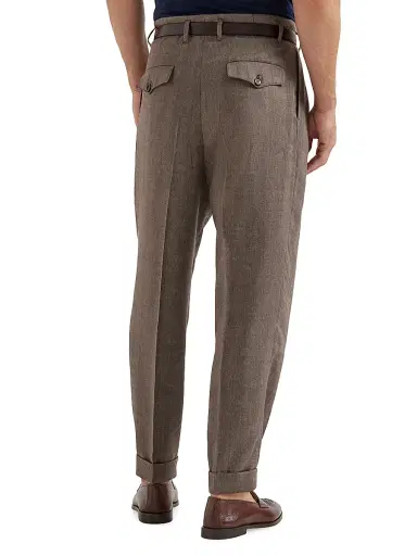 Brunello Cucinelli Men's Linen and Virgin Wool Chevron Trousers with Double Pleats | Thumbnail 4