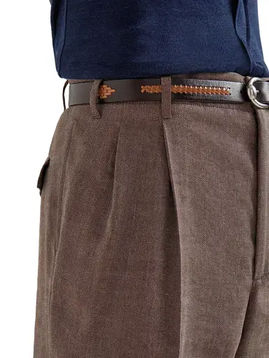 Brunello Cucinelli Men's Linen and Virgin Wool Chevron Trousers with Double Pleats | Thumbnail 5