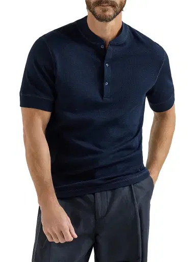 Brunello Cucinelli Men's Cotton Waffle Jersey T-Shirt with Henley Collar - Cobalt - Size Medium | Thumbnail 2 Brunello Cucinelli Men's Cotton Waffle Jersey T-Shirt with Henley Collar - Cobalt - Size Medium | Thumbnail 2