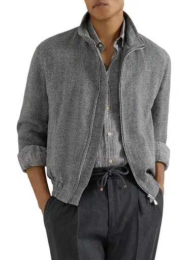 Brunello Cucinelli Men's Silk, Linen and Wool Hopsack Outerwear Jacket with Stand Collar - Medium Grey | Thumbnail 5 Brunello Cucinelli Men's Silk, Linen and Wool Hopsack Outerwear Jacket with Stand Collar - Medium Grey | Thumbnail 5